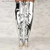 Botas femininas sexy prata espelho coxa botas altas t mostrar dedo do pé pontiagudo clube festa sapatos finos saltos altos sobre o joelho botas longas para mulher t230826