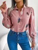 Blusas femininas camisa casual pena impressão gola manga longa camisa branco rosa azul 230824