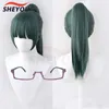 コスプレウィッグアニメ柔術kaisenコスプレマキゼニンウィッグダークグリーンポニーテール耐熱合成ヘアコスプレウィッグウィッグウィッグキャップメガネ230824