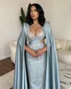 Elegant Blue Evening Dresses With Cape Crystal Cutaway Sides Prom Dress Ruffle Formal Long Red Carpet Dress for special occasion