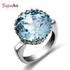 Wedding Rings Szjinao Vintage 100% 925 Sterling Silver 15ct Round Created Aquamarine Ring For Women Famous Branded Handmade Fine Jewelery 230824