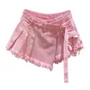 スカート不規則なピンクのデニムスカート女性夏ハイウエストスリミング偽のツーピースa-ラインワークウェアショートミニ230824