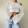 Women's Knits Fashion Women Y2k Crochet Knit Hollow Out Crop Top Long Flared Sleeve Shrug Sweater Mesh Cover Ups Cardigan Streetwear