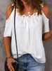 Blouses Femme Femmes Mignon Appliques Chemisier Casual Été Chemise À Manches Courtes Plaine Blanc Coupe Ample Épaule Froide Hauts Décoration Florale