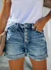 Kvinnors jeans denim shorts all-match bantning en rad knapphål rullade kant kvinnlig trendig stil