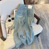 Jeans da donna Design Falso in due pezzi Doppia vita Distressed Pantaloni estivi Moda chic Pantaloni femminili in denim blu dritto 230824