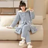Mulheres sleepwear 2023 outono inverno engrossar pijama mulheres três camadas acolchoadas homewear algodão quente coral flanela loungewear terno com capuz