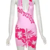 Podstawowe sukienki swobodne Kliou kwiatowy druk kantar Mini Dres Summer Hipster Asymetryczne głębokie rękawy w szyku w szyku w szyku samica oszałamiająca BodyCon 230824