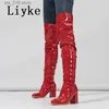 Laarzen Liyke Herfst Winter Wit Lakleer Over De Knie Laarzen Vrouwen Party Zip Dij Hoge Schoenen Mode Ronde Neus Dikke hak Pompen T230824