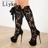 Boots Liyke 16CM Ultra Thin High Heels Sexy Nightclub Hollow Out Over The Knee Boots Women Peep Toe Lace-Up Zip Platform Shoes Sandals T230824