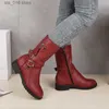 BUCKLE MID-CALF Women Size Goth Female Plus 43 Low Square Heel dragkedja Läder Flat Shoes Red Black Grey Boots 2022 T230824 563