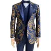 Mäns kostymer Blazers Jacquard Floral Tuxedo för män Bröllop Slim Fit Navy Blue and Gold Gentleman Jacket With Vest Pant 3 PI255U