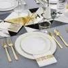 Disposable Dinnerware 70 Pcs Tableware White Plastic Tray With Gold Rim Golden Silverware Cup Napkin Combo Wedding Party Supplies 230825