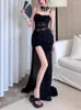 Casual Dresses 2023 Summer Black Elegant Dress Vintage Women Hollow Out Backless Club Mesh Evening Party Korean Street Sexy Split