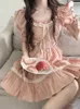 Été rose français élégant Mini Dres Bow manches bouffantes japonais Kawaii robe femme dentelle o cou coréen doux nouveau 230808