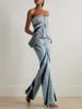 Women's Two Piece Pants Modphy Fashion Summer Slim Denim Jeans Set Zip Strapless Top & Flare Two-piece Casual Outfits