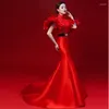 Vêtements ethniques Robe de mariée chinoise rouge mariée plus la taille Cheongsam Robes de soirée de style oriental Qipao Défilés de mode Robes de soirée Chine