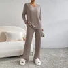 Women's Two Piece Pants Sets V Neck Women Long Sleeve Tops & Palazzo Set Solid Color Knit Loose Shirts Simple Slouchy Homewear
