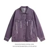 Mensjackor Ankomst Autumn Spring Purple Denim Jean Jacket unisex Men Baseball Bomber Women Varsity Coat High Street Cotton Chic 230824