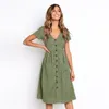 Party Dresses Summer Short Sleeve V Neck Button Down Swing Midi Dress Women 2023 Casual Style Solid Tunic With Pocket Beach