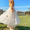 Kjolar qiukichonson lolita mid långa kvinnor mesh kjol 2023 vår sommar koreansk stil hög midja solid blommig söt ruffle