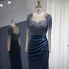 Sukienki swobodne Janceber Blue Syrenca Arabska suknia wieczorowa Dubai elegancka kryształowe kryształowe długie rękawy muzułmańskie sukienkę na imprezę LSCZ58