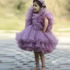 Robes à fleurs violettes à volants pour filles, col carré, perles superposées, robe de bal pour enfants, longueur aux genoux, en Tulle, vêtements de fête pour enfants