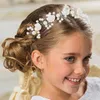 Copricapo Cerchietti per ragazze con fiori bianchi lucidi per matrimonio Perle glitterate Accessori floreali per capelli per bambini Corone per bambini Prima Comunione