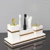 Badtillbehör Set Volakos White Natural Marble Badrumstillbehör Gyllene Lyxig tvål Dispenser Dish Tray Tissue Box