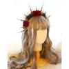 Baroque Japanese Girl Black Crown Headband Retro Punk Lace Rose Wine Red Headdress Dark Gothic Style Lolita Hair Hoop Props