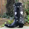 Women Heart Cowboy Cowgirls 2022 Wesetrn Pointed For Toe Floral Embroidery Chunky Heel Knee High Vintage Riding Boots T230824 643