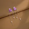 Kolczyki Dangle Pink Purple Love Heart Pearl Long Tassel słodki romantyczny łańcuch cyrkon kryształ dla kobiet biżuteria dziewczyna