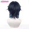 Perucas Cosplay Genshin Impact Venti Cosplay Peruca Unissex 50cm Peruca Azul Cosplay Anime Cosplay Trança Perucas Sintéticas Resistentes ao Calor Halloween 230824