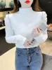 Damen-T-Shirts, Herbst, langärmelig, Perlenperlen, Stehkragen, T-Shirt, Damenmode, dick, warm, Rollkragenpullover, koreanischer Stil, Damen-Baumwoll-Top