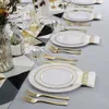 Disposable Dinnerware 70 Pcs Tableware White Plastic Tray With Gold Rim Golden Silverware Cup Napkin Combo Wedding Party Supplies 230825