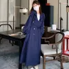 Damen-Trenchmäntel, Marineblau, britischer Stil, Herbst-Trenchcoat, Damenmode, elegant, lässig, einfarbig, X-Long-Mantel, zweireihiger Windjacke, 230824