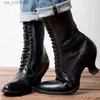 Bottes Femmes Victorien Moderne Style Punk Bout Rond À Lacets Bas Med Talon Étrange Mode Mi-mollet Bottes Occidentales Chaussures Femme 2022 Nouveau T230824