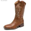 Cowboy Mid Western Cowgirls Kalb Stiefel für Frauen Chunky Heel Embriodery Schluck auf Vintage Brand Designer Comfy Schuhe Frau T230824 D500C