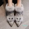 Botas de inverno femininas pontiagudas de metal tornozelo cristal raposa padrão toe glitter pele mocassins bottes femme
