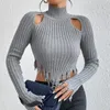 Damenpullover, Rollkragenpullover, ausgehöhlter Pullover, Hellgrau, Kintted, Damen-Herbst-Winter-Pullover, Y2k-Crop-Top, Häkel-Streetwear 230824