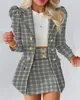 Robe deux pièces femme élégante bureau blazer ensembles plaid imprimé manches bouffantes boutonné long manteau mini jupe ensemble style de travail