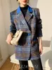 Abiti da donna Blazer di lana Cappotti scozzesi blu 2023 Autunno Inverno Vintage Patchwork Tweed Velluto a coste Giacca a quadri Wild Lady Outwear