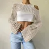 Women's Knits Fashion Women Y2k Crochet Knit Hollow Out Crop Top Long Flared Sleeve Shrug Sweater Mesh Cover Ups Cardigan Streetwear