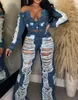 Dames Tweedelige Broek Sexy Sets Voor Vrouw Outfit Denim Hoge Taille Zakontwerp Gescheurde Jeans 2023 Herfst Mode Pittige Meisjeskleding