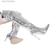 Buty Sexy Silver Mirror High Boots Women T Show spiczowe buty imprezowe palecowe buty cienkie obcasy nad kolanami długie buty dla kobiet T230824