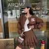 CE new set of Arc de Triomphe embroidery logo short baseball jacket with high waist pleated half skirt caramel color, designer dress 1008