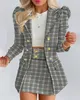 Robe deux pièces femme élégante bureau blazer ensembles plaid imprimé manches bouffantes boutonné long manteau mini jupe ensemble style de travail