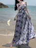 Casual Dresses Satin Printed Sexy Sling Strap Blue Print Dress Elegant Long Beach Prom Boho Style Backless Party