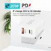 USB + Type-C 20W PD Wall Charger Car Charger Adapter Real 20W PD Fast Charging Adapter US EU UK Plug