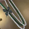 Chains Triple Strand Natural Genuine Agate South Sea White Pearl Green Jade Necklace 18 " Choker Tassel